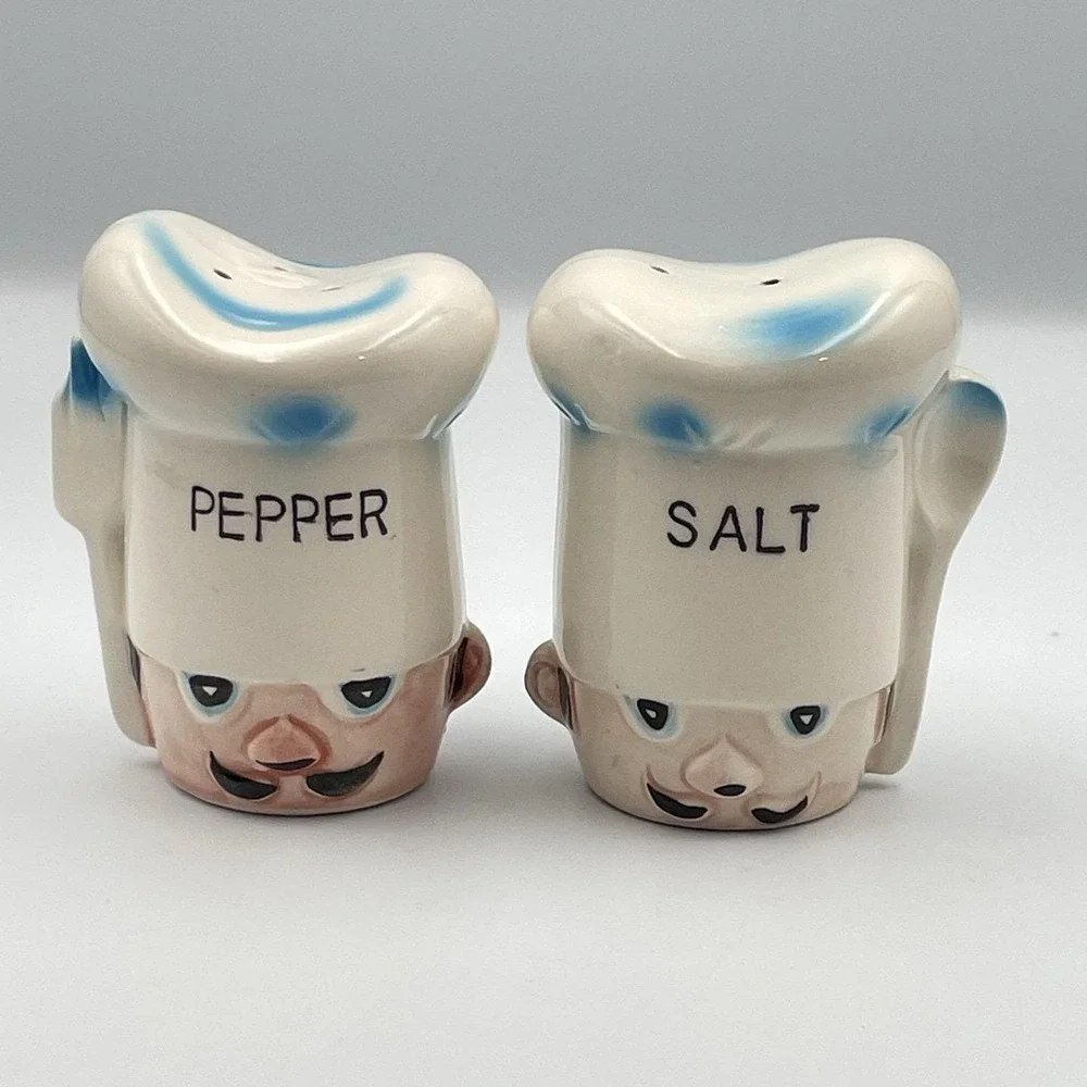 Vintage Chef Head Hat Salt and Pepper Shakers Fork Spoon‎ Large Japan Mustache